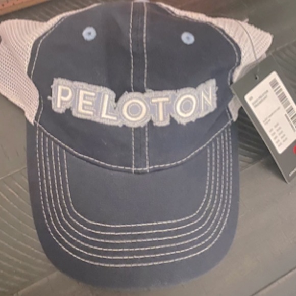 NEW! PELOTON Hat Frayed Stamp Front Mesh Back Adjustable Velcro Back Blue White - Picture 3 of 7